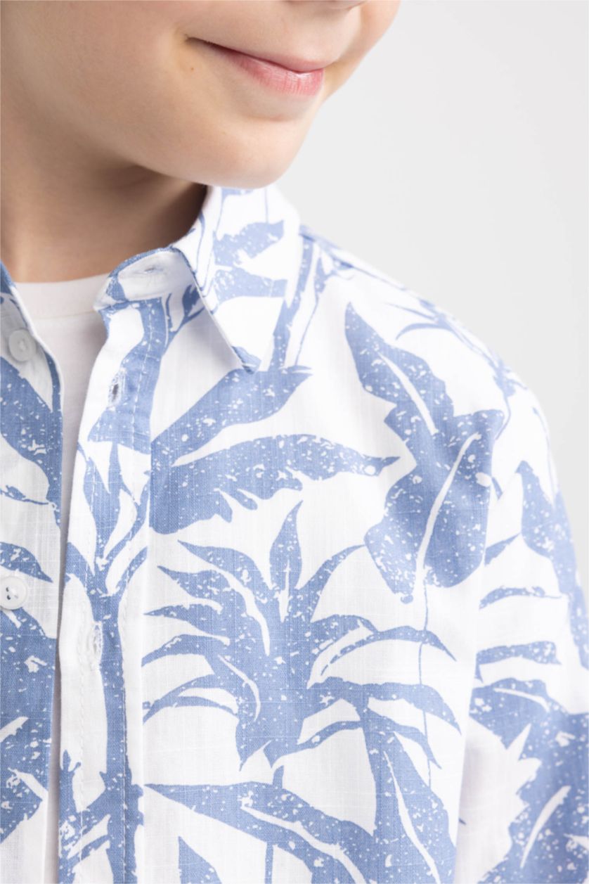 Boys & Teens White Boy Floral Pattern Linen Look Long Sleeve Shirt