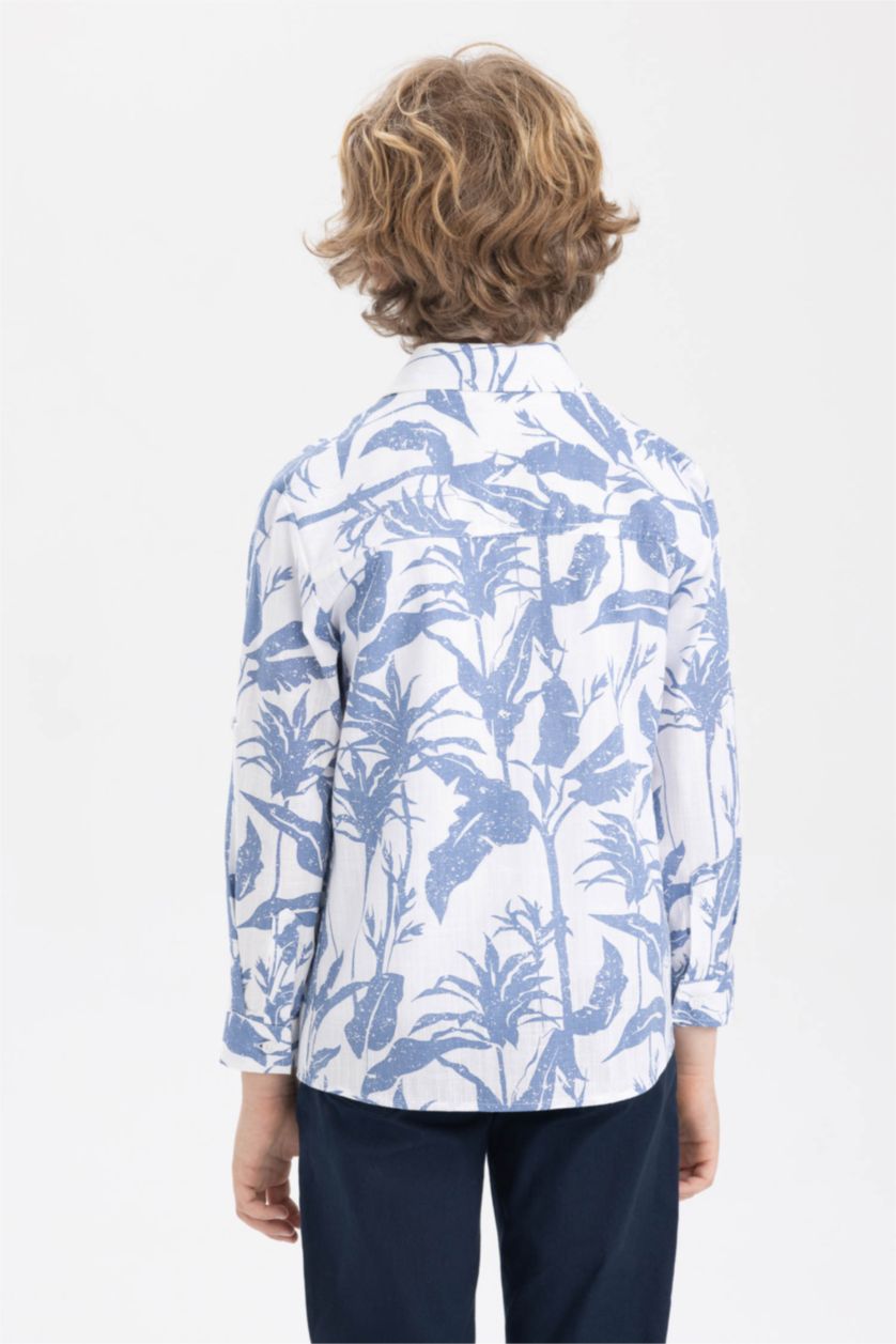 Boys & Teens White Boy Floral Pattern Linen Look Long Sleeve Shirt