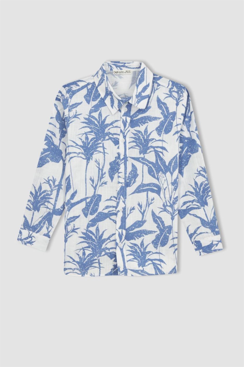 Boys & Teens White Boy Floral Pattern Linen Look Long Sleeve Shirt
