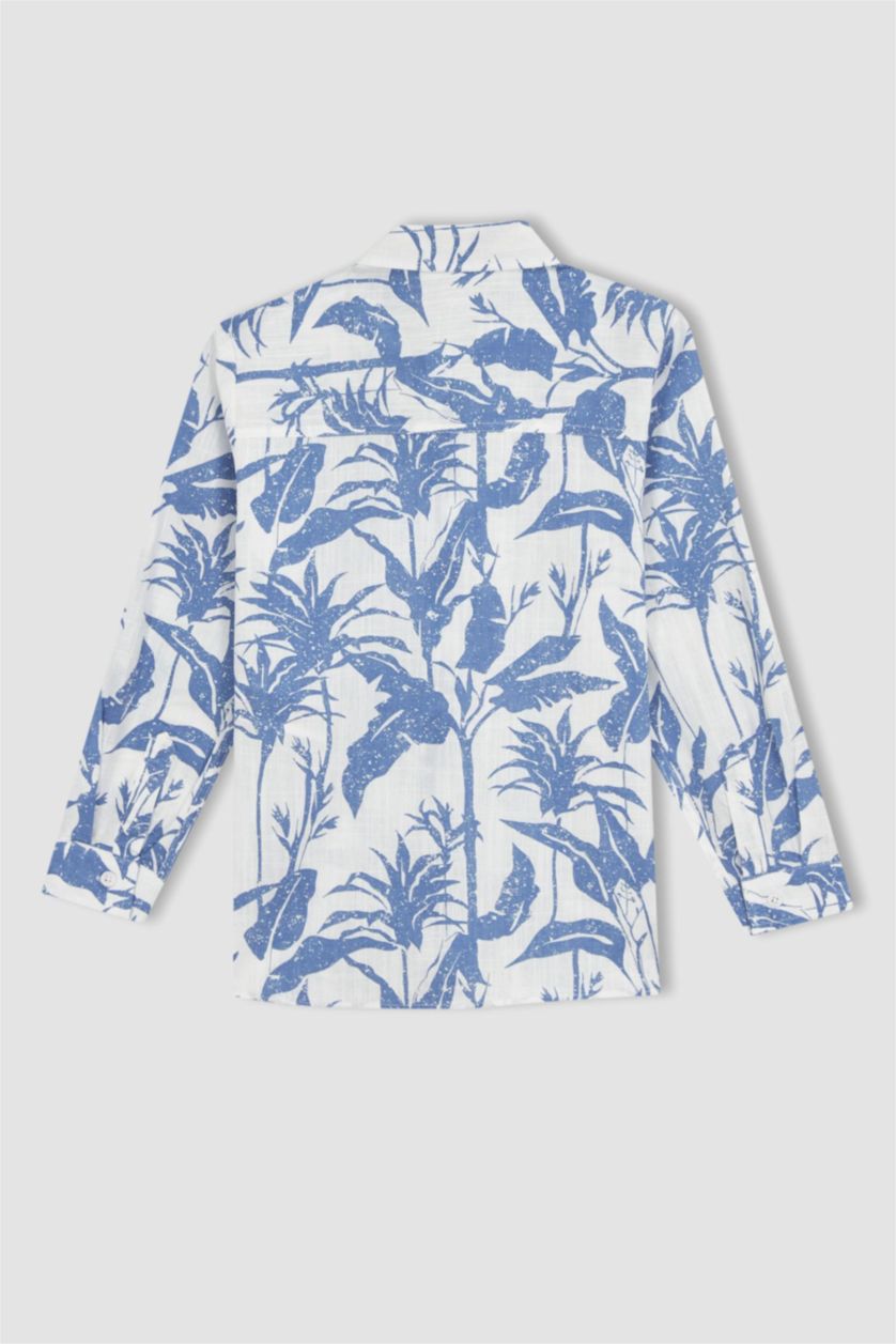 Boys & Teens White Boy Floral Pattern Linen Look Long Sleeve Shirt