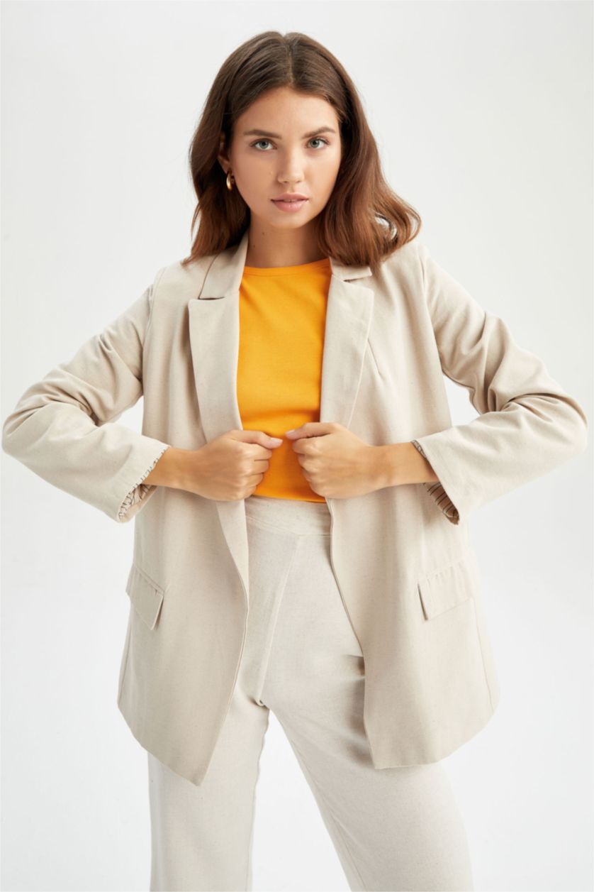 WOMAN Beige Loose Fit Linen Blended Blazer