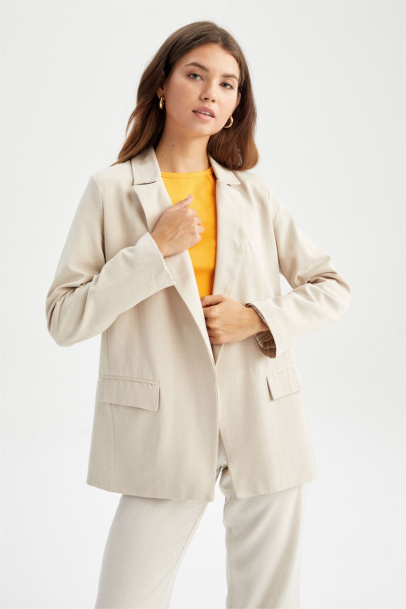 WOMAN Beige Loose Fit Linen Blended Blazer