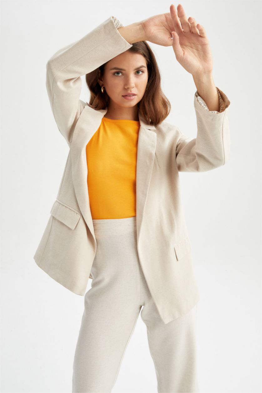 WOMAN Beige Loose Fit Linen Blended Blazer