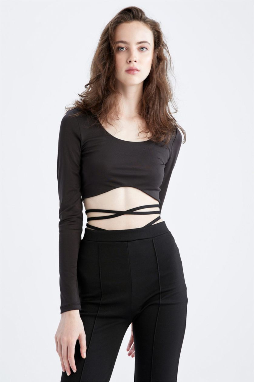 حريمي أسود Crop Top Long Sleeve T-Shirt
