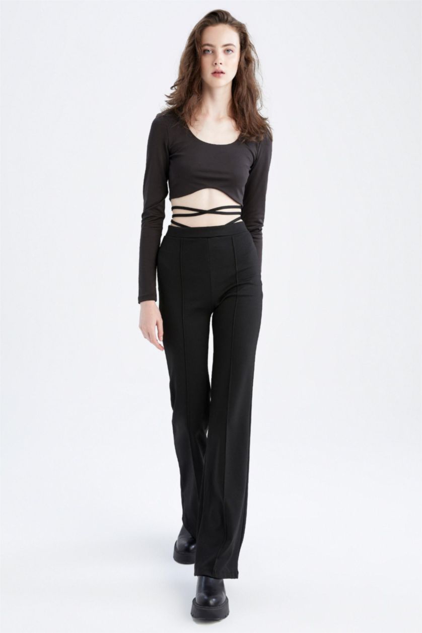 حريمي أسود Crop Top Long Sleeve T-Shirt
