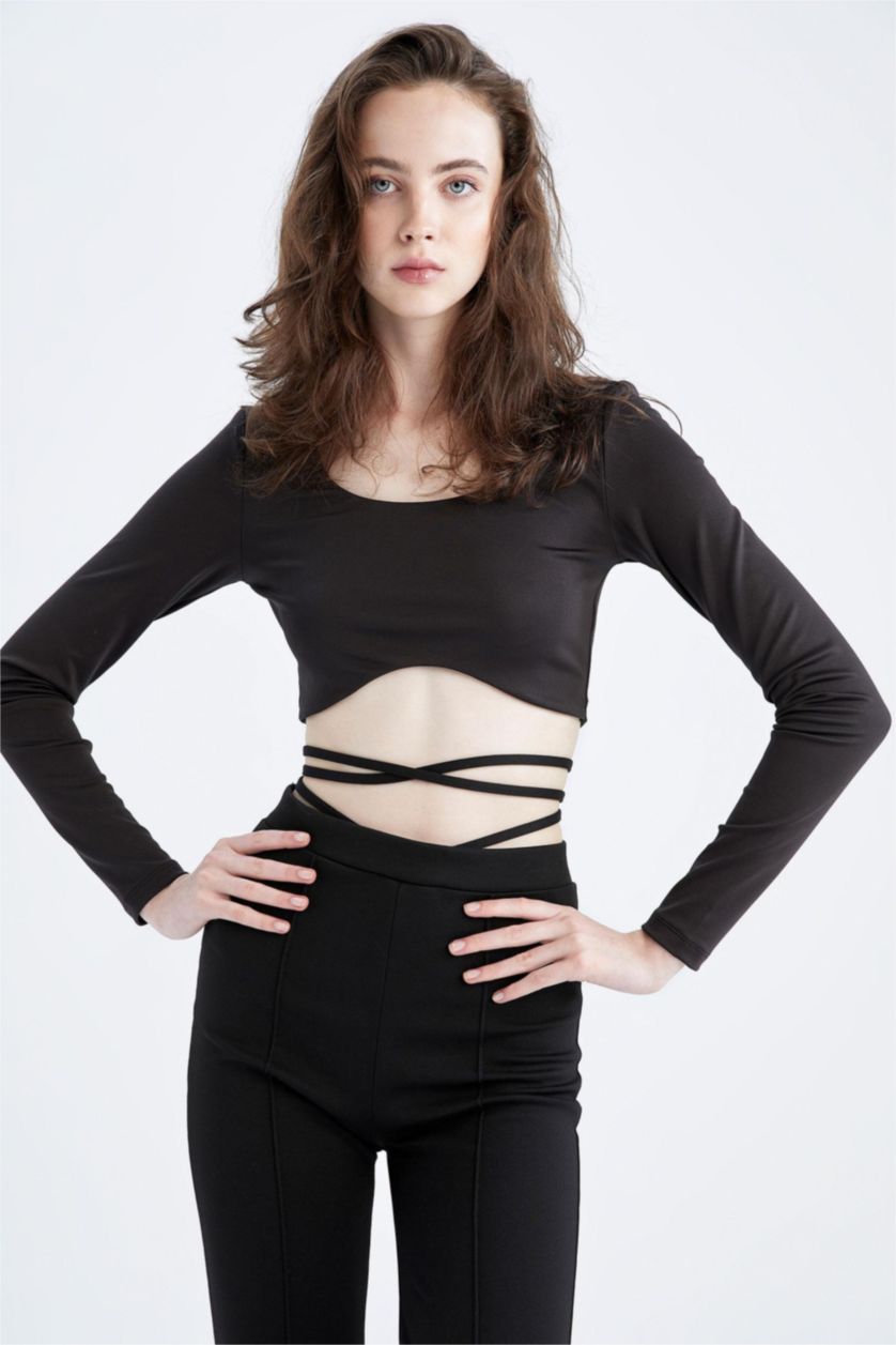 حريمي أسود Crop Top Long Sleeve T-Shirt