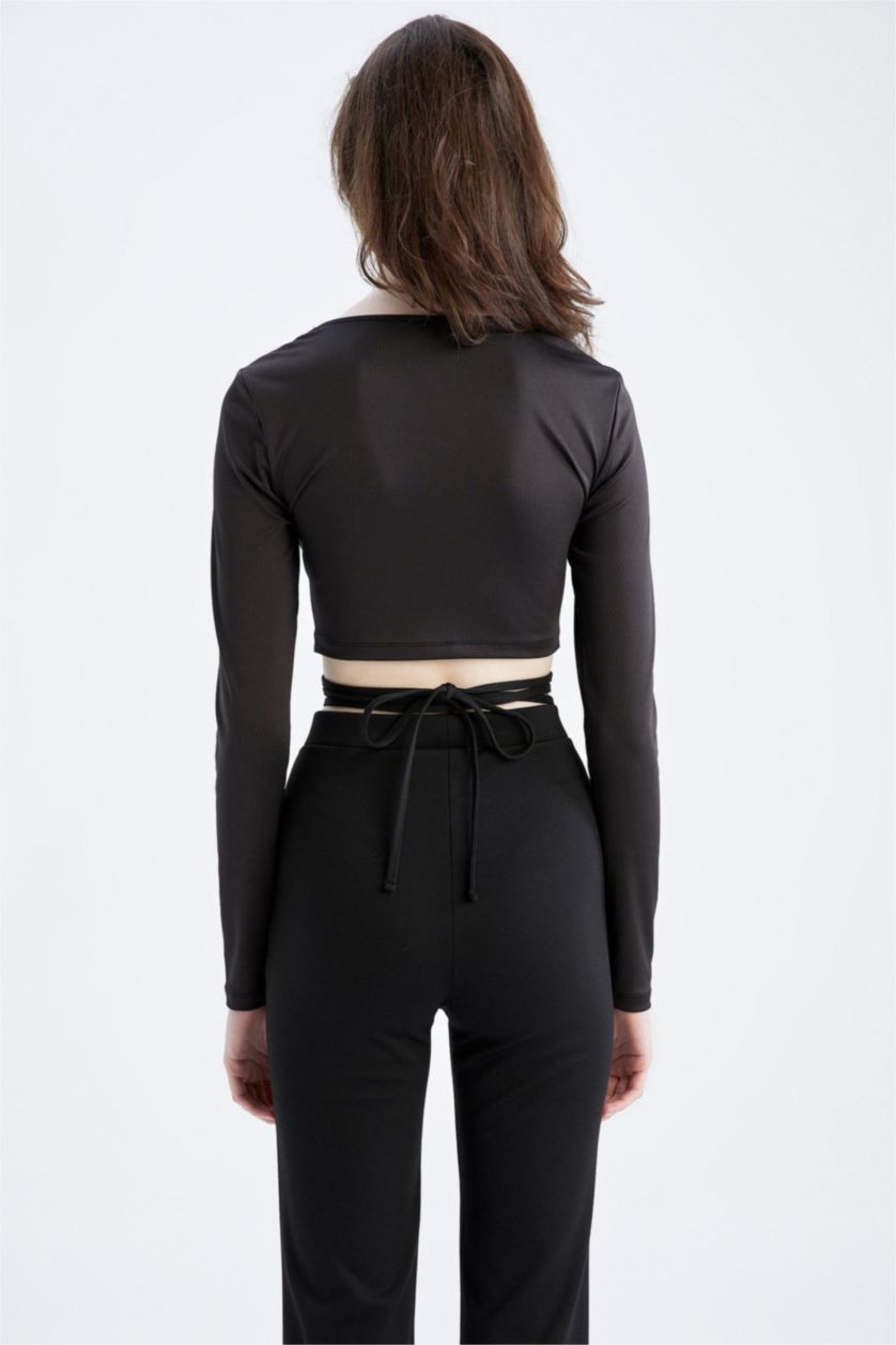 حريمي أسود Crop Top Long Sleeve T-Shirt