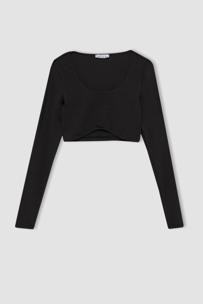حريمي أسود Crop Top Long Sleeve T-Shirt