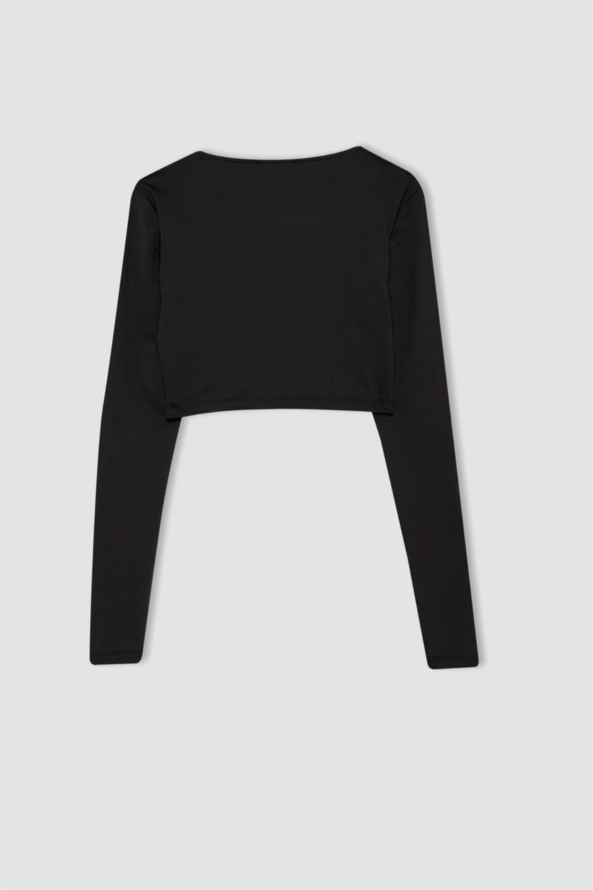حريمي أسود Crop Top Long Sleeve T-Shirt