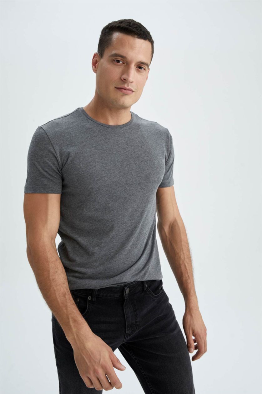 Erkek Antrasit Regular Fıt Kısa Kollu Tişört