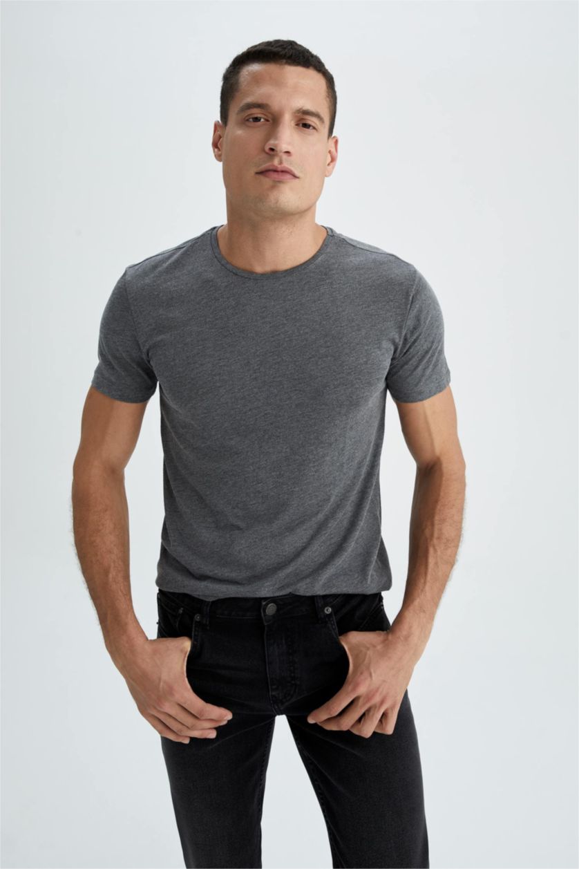 Erkek Antrasit Regular Fıt Kısa Kollu Tişört