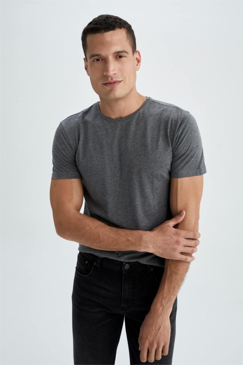 Erkek Antrasit Regular Fıt Kısa Kollu Tişört
