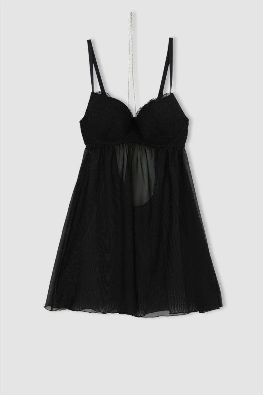 Kadın Siyah Fall in Love Dantel Detaylı Babydoll