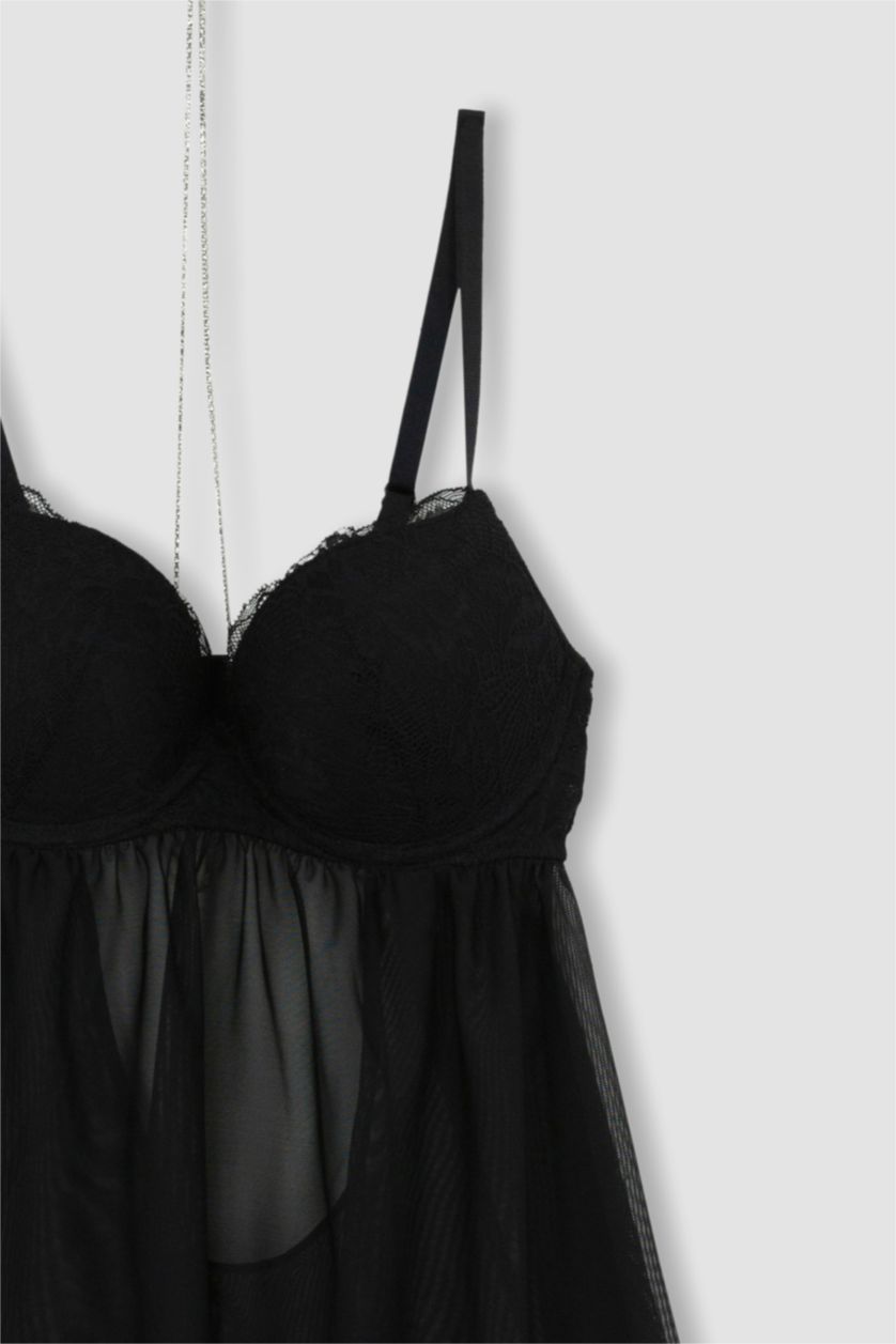 Kadın Siyah Fall in Love Dantel Detaylı Babydoll