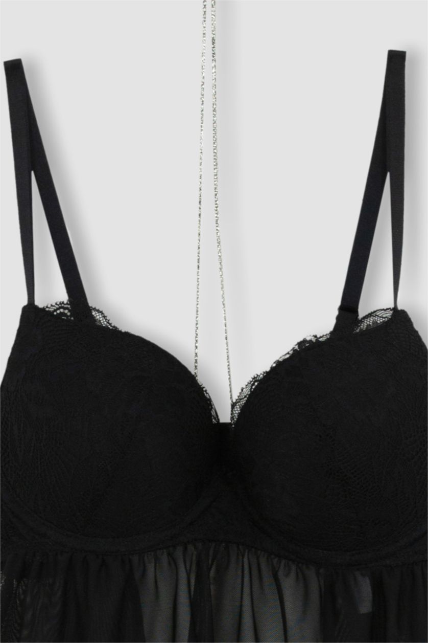 Kadın Siyah Fall in Love Dantel Detaylı Babydoll