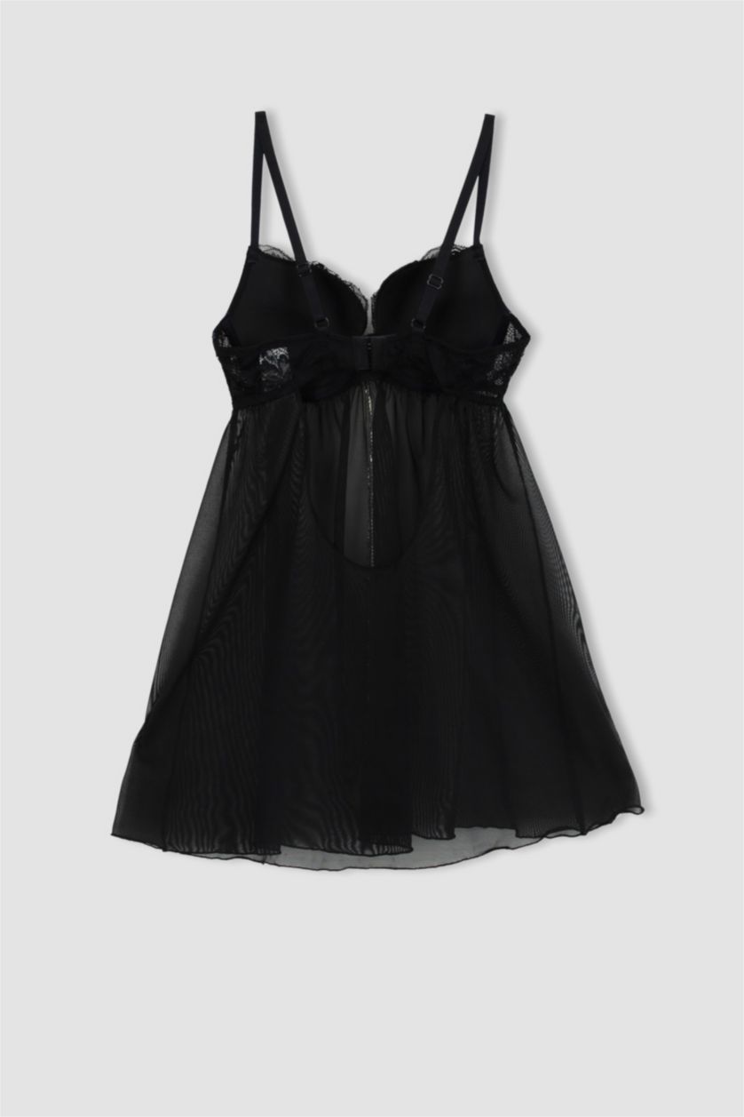 Kadın Siyah Fall in Love Dantel Detaylı Babydoll