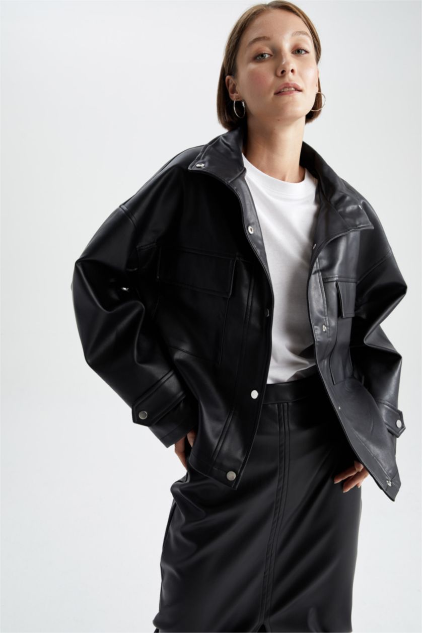 FEMME Noir Veste en similicuir coupe décontractée