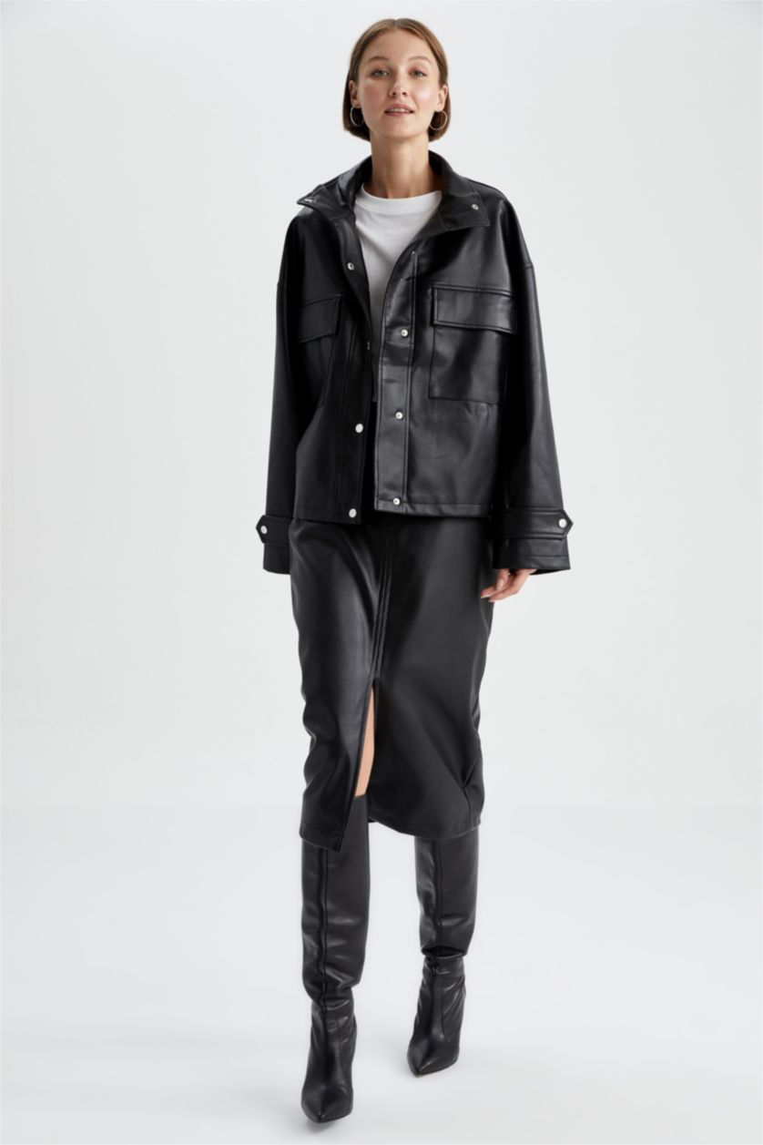 FEMME Noir Veste en similicuir coupe décontractée