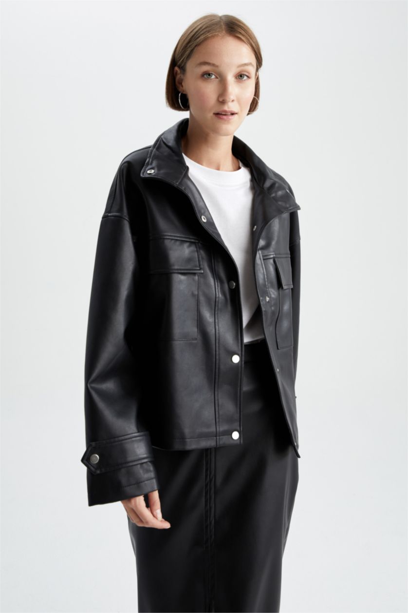 FEMME Noir Veste en similicuir coupe décontractée