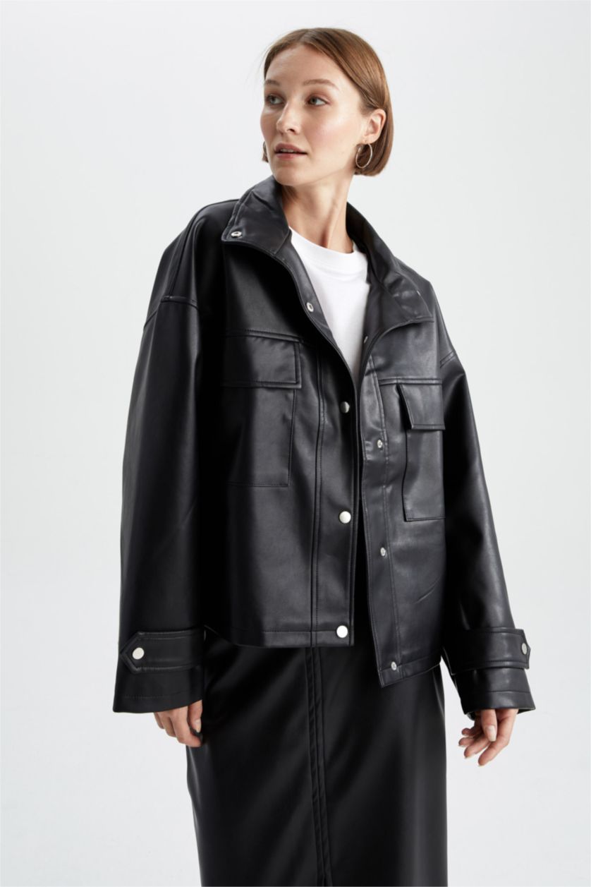 FEMME Noir Veste en similicuir coupe décontractée