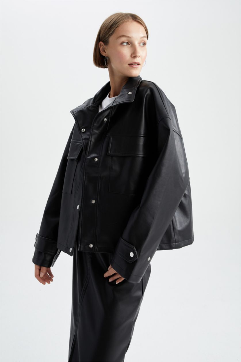 FEMME Noir Veste en similicuir coupe décontractée