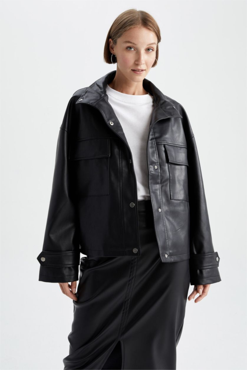 FEMME Noir Veste en similicuir coupe décontractée