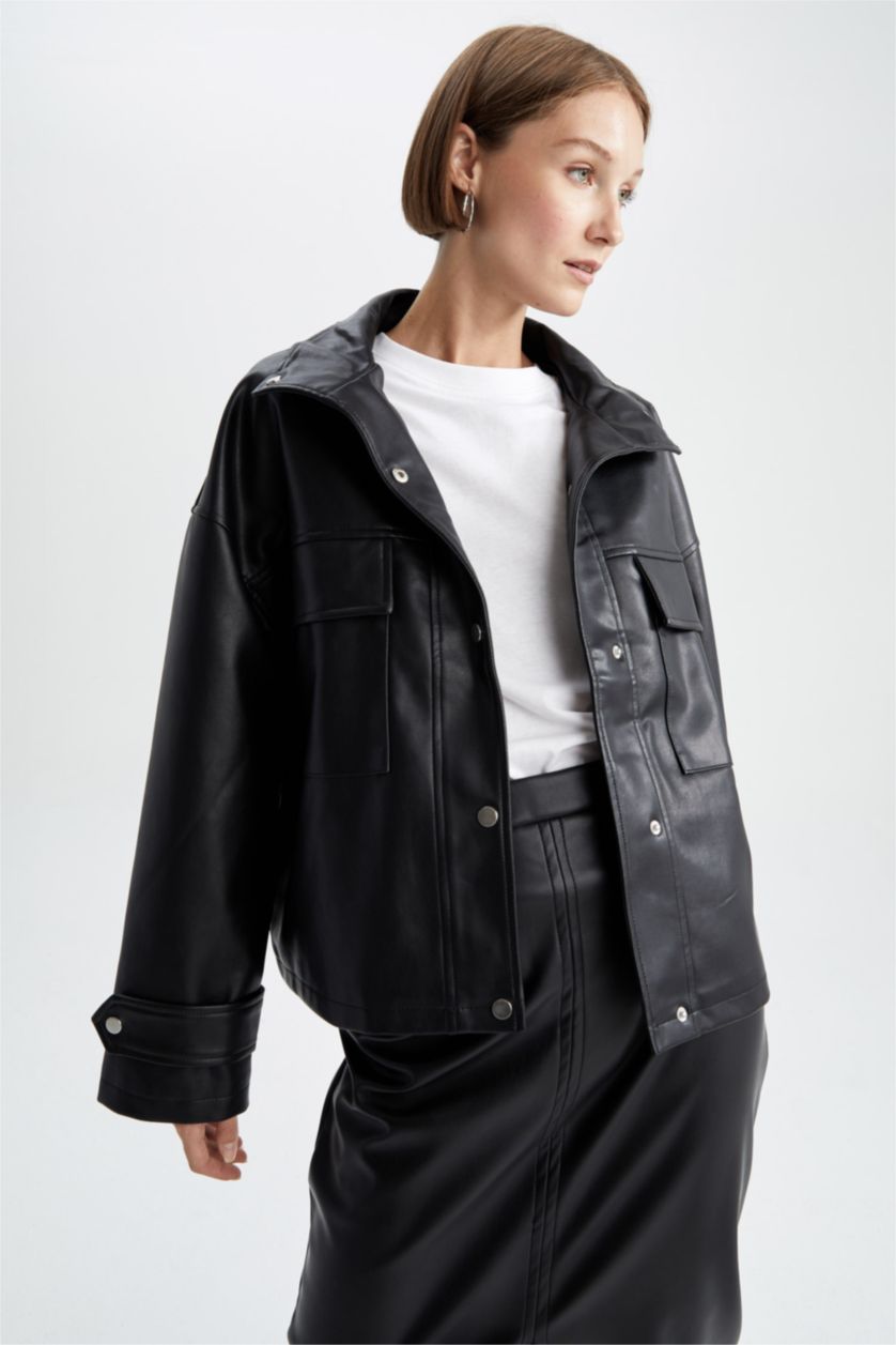 FEMME Noir Veste en similicuir coupe décontractée