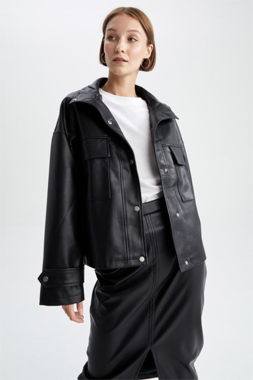 FEMME Noir Veste en similicuir coupe décontractée