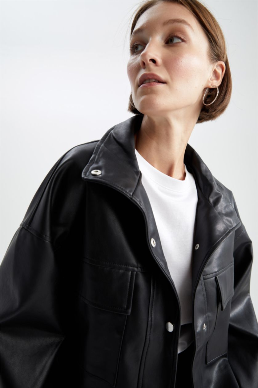 FEMME Noir Veste en similicuir coupe décontractée