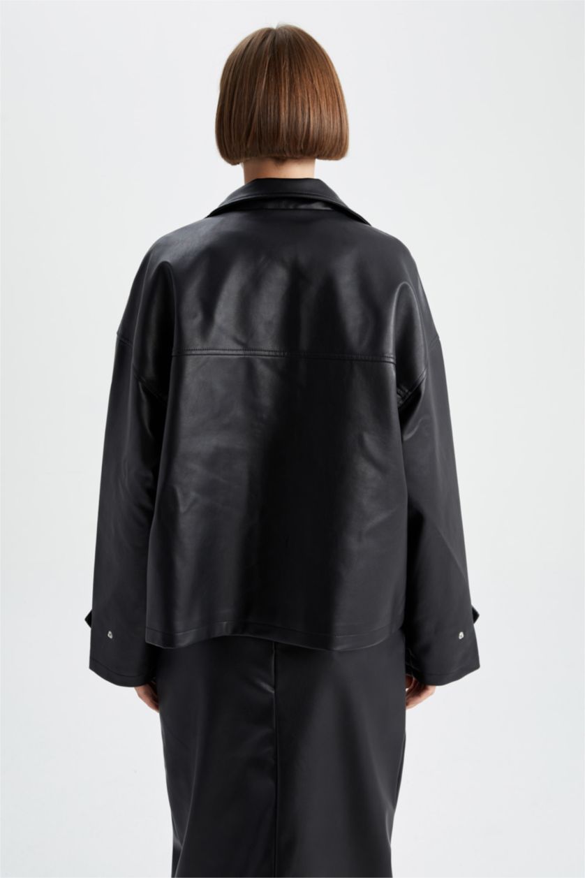 FEMME Noir Veste en similicuir coupe décontractée