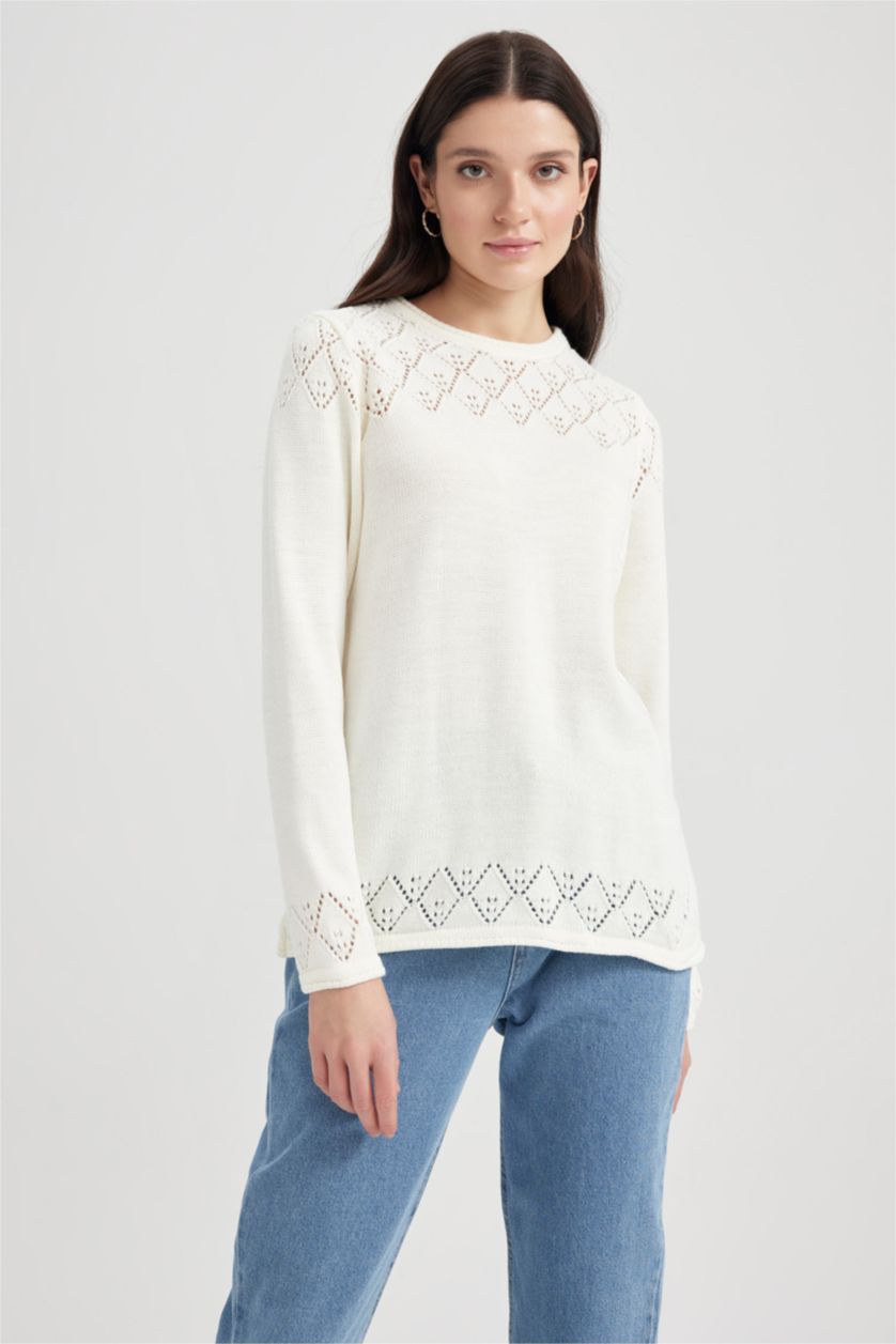 WOMAN Ecru Regular Fit Crew Neck Pullover