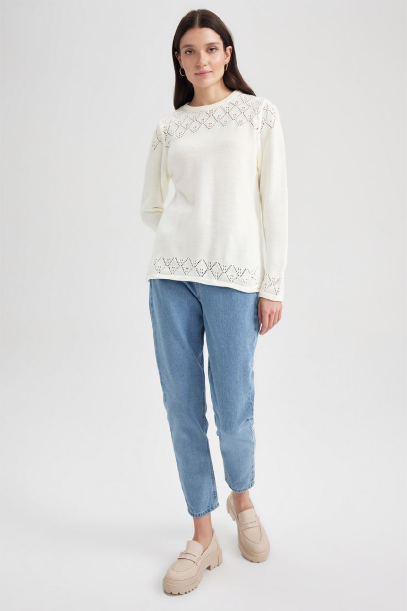 WOMAN Ecru Regular Fit Crew Neck Pullover