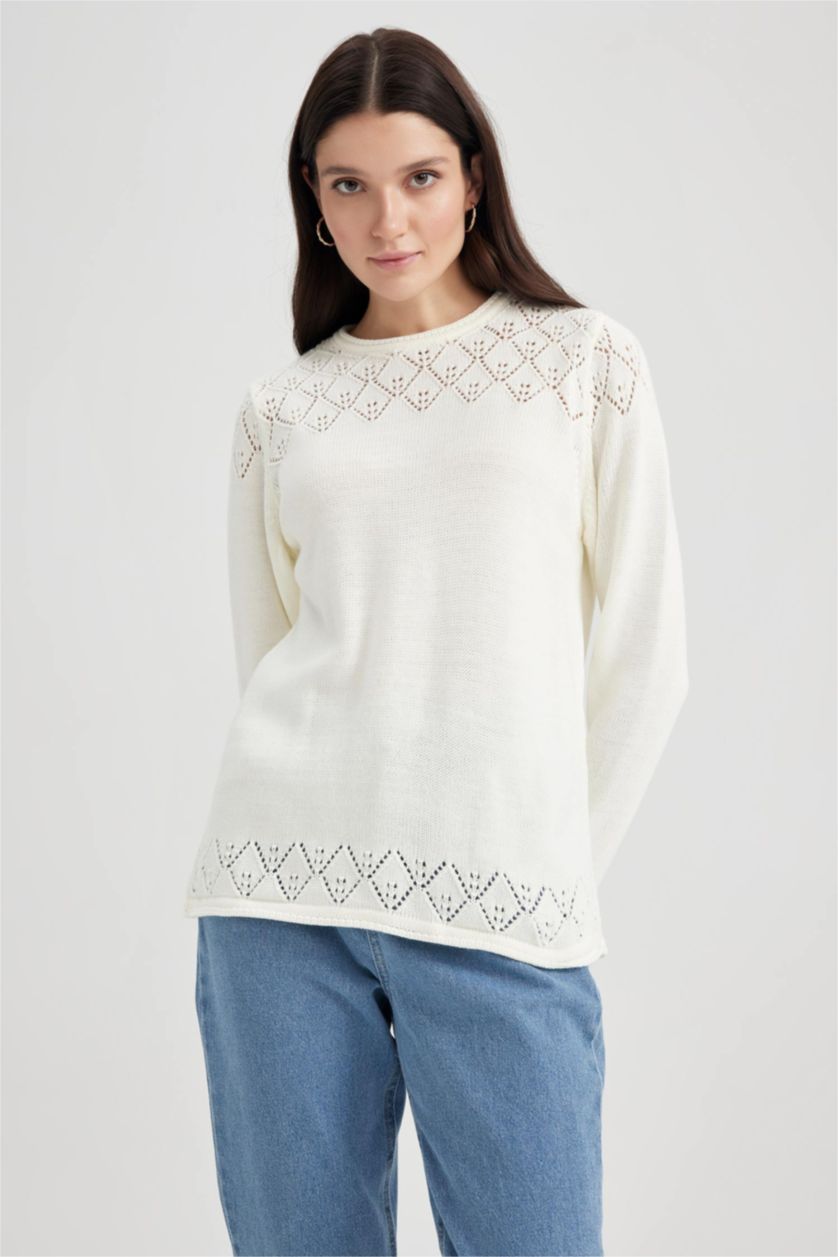 WOMAN Ecru Regular Fit Crew Neck Pullover
