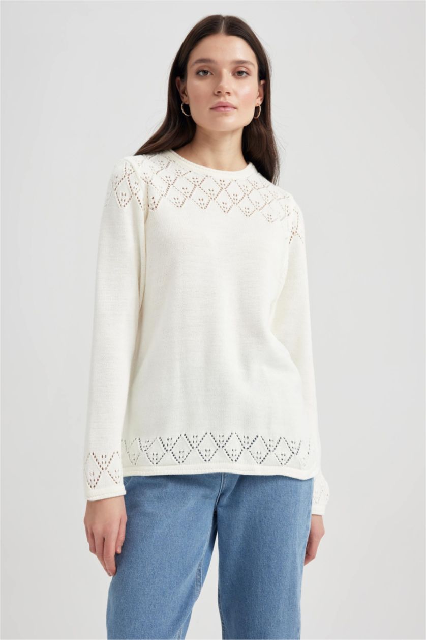 WOMAN Ecru Regular Fit Crew Neck Pullover