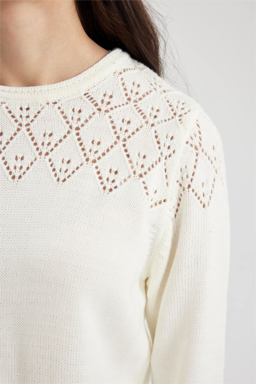 WOMAN Ecru Regular Fit Crew Neck Pullover