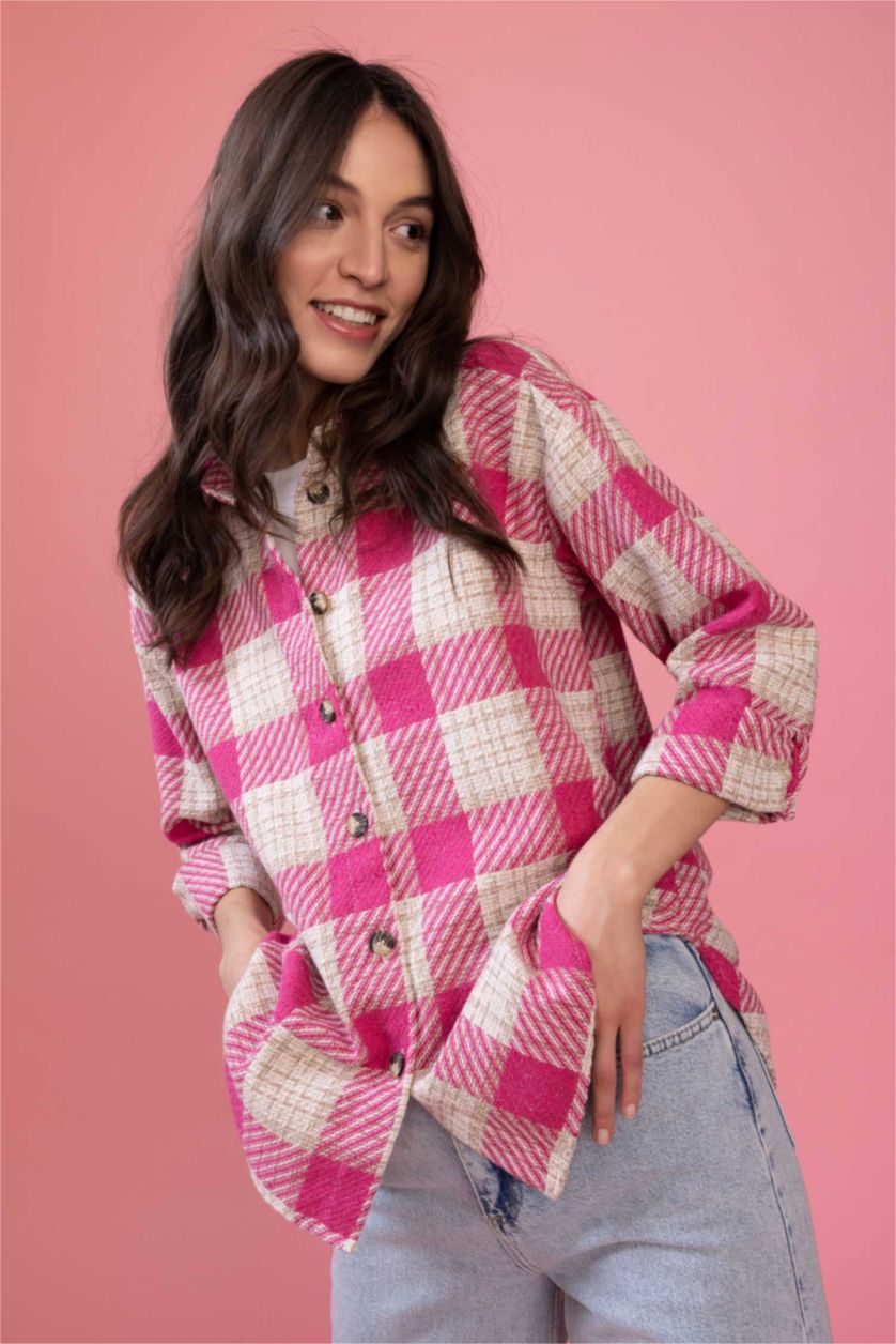 FEMME Rose Chemise À Manches Longues En Tweed À Col Chemise Coupe Oversize