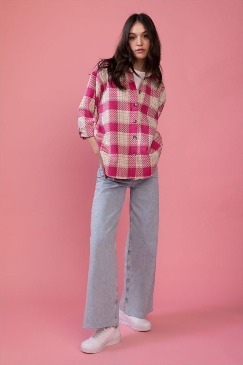 FEMME Rose Chemise À Manches Longues En Tweed À Col Chemise Coupe Oversize