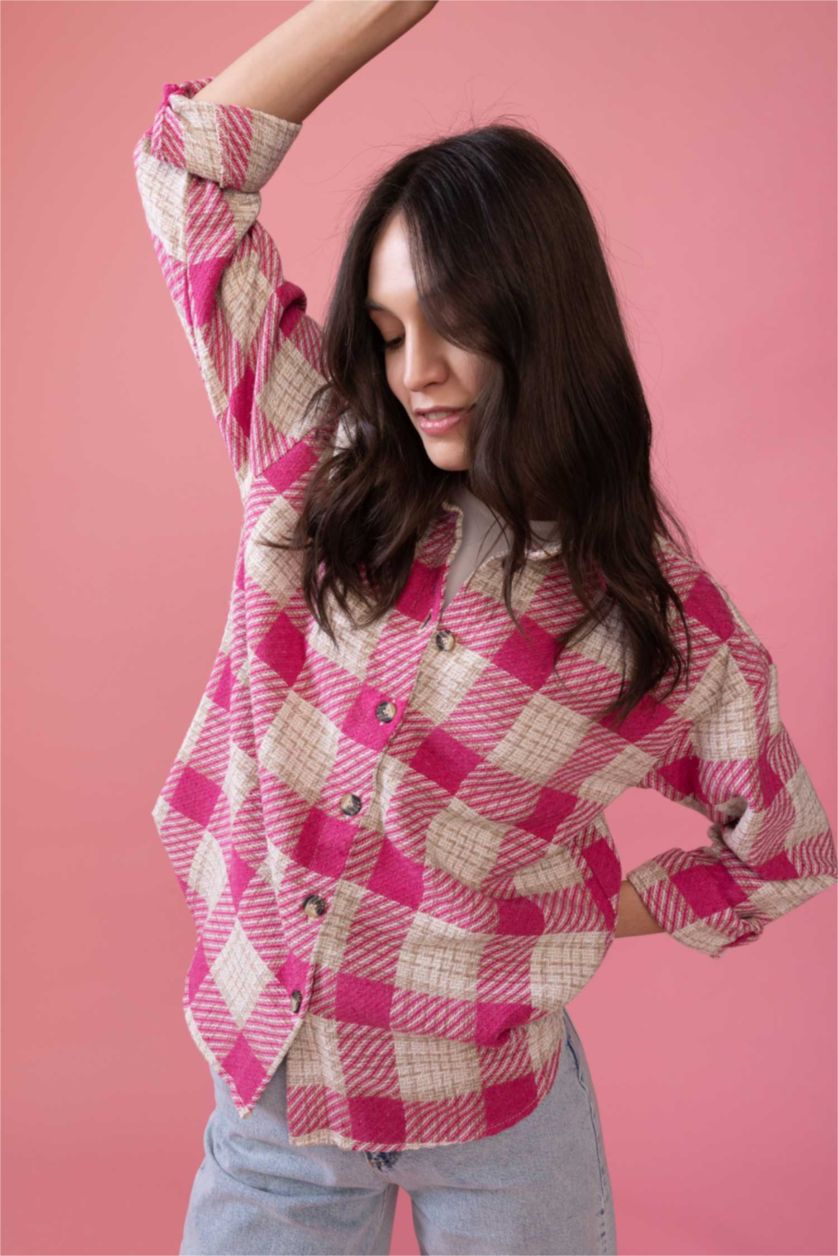 FEMME Rose Chemise À Manches Longues En Tweed À Col Chemise Coupe Oversize