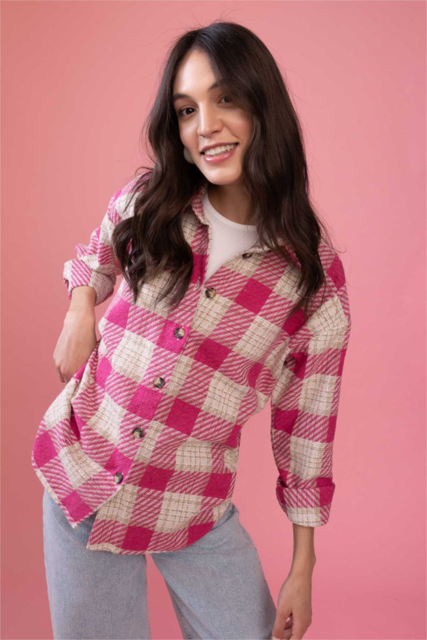 FEMME Rose Chemise À Manches Longues En Tweed À Col Chemise Coupe Oversize