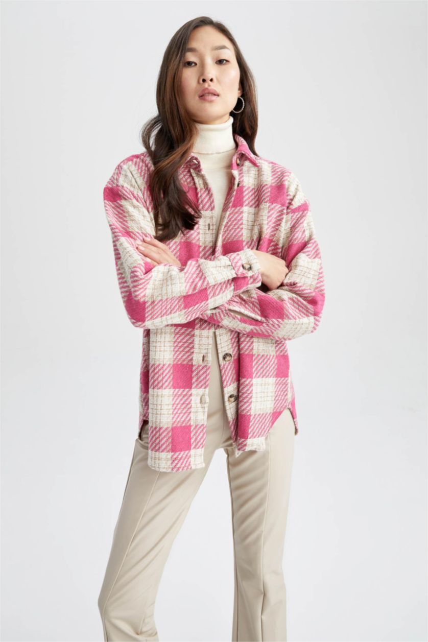 FEMME Rose Chemise À Manches Longues En Tweed À Col Chemise Coupe Oversize