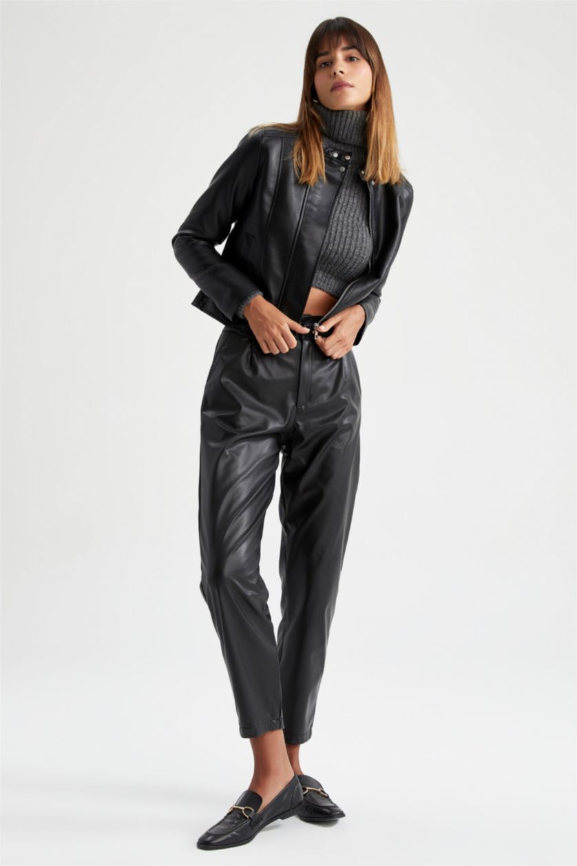 FEMME Noir Pantalon PU Paperbag Ourlet régulier
