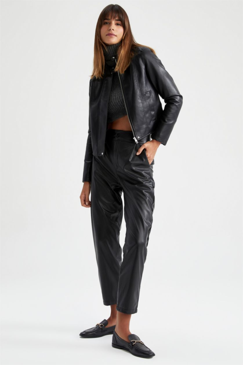 FEMME Noir Pantalon PU Paperbag Ourlet régulier