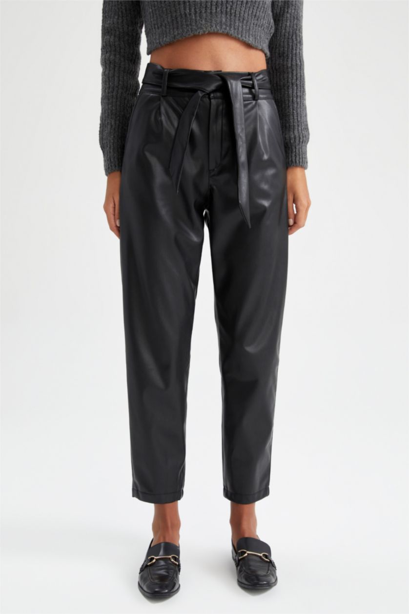 FEMME Noir Pantalon PU Paperbag Ourlet régulier