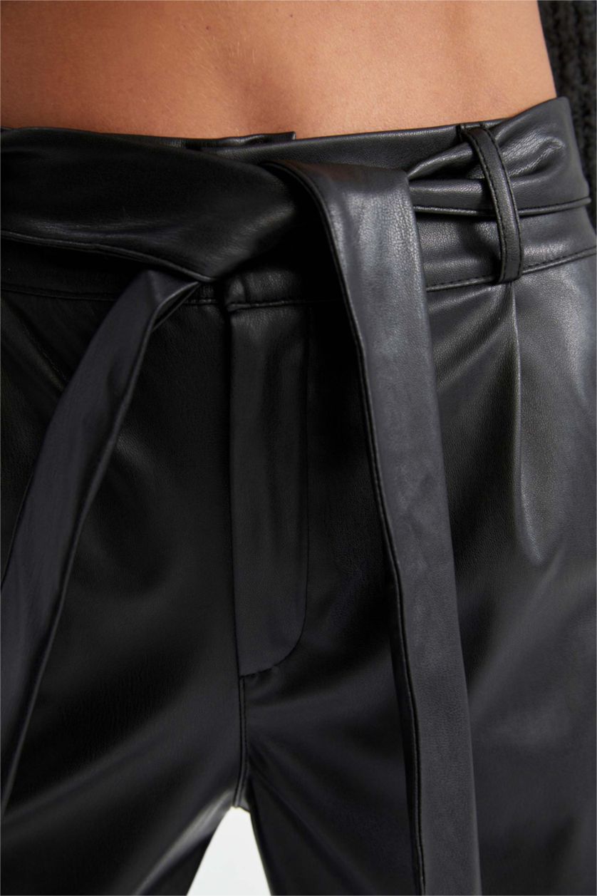 FEMME Noir Pantalon PU Paperbag Ourlet régulier
