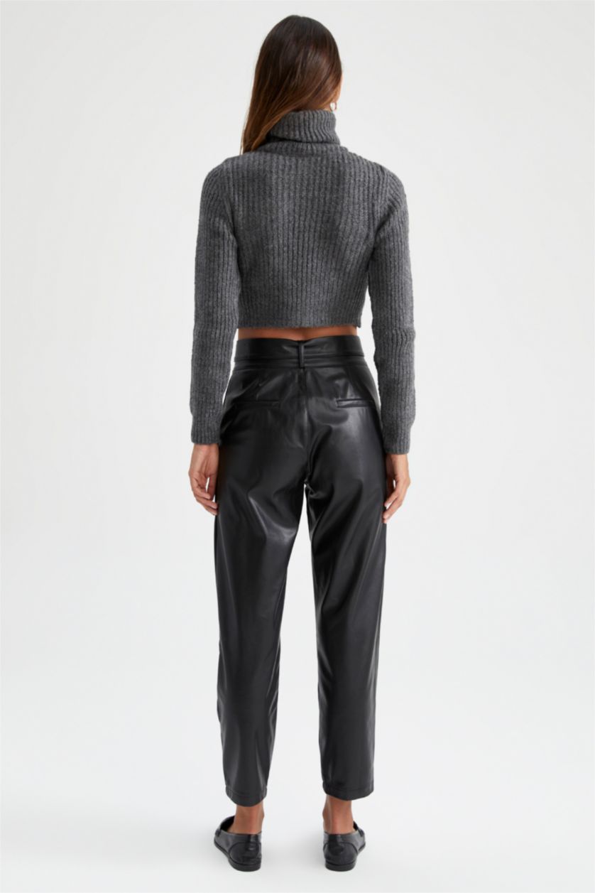 FEMME Noir Pantalon PU Paperbag Ourlet régulier