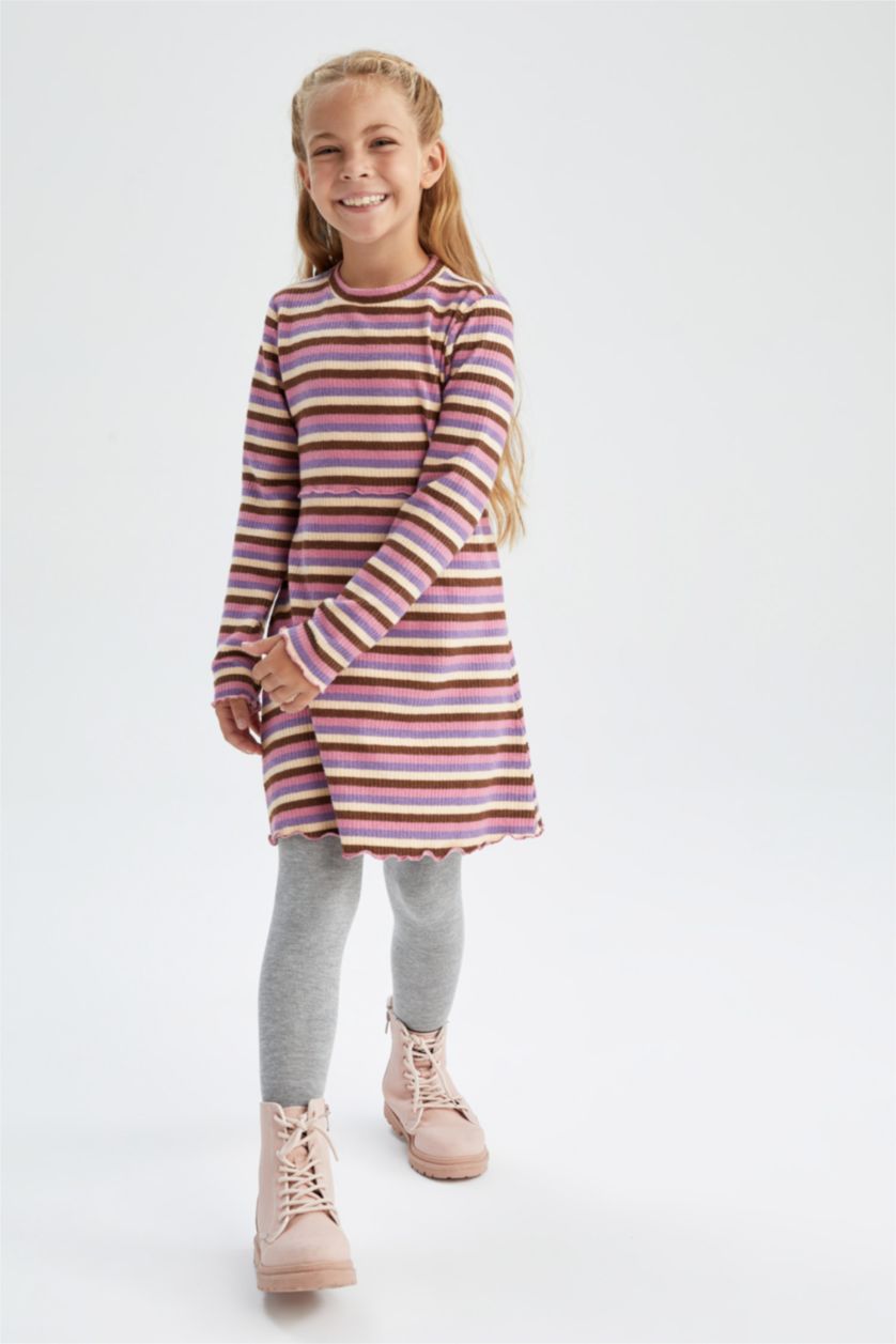 GIRLS & TEENS Lilac Girl Striped Long Sleeve Ribbed Camisole Dress