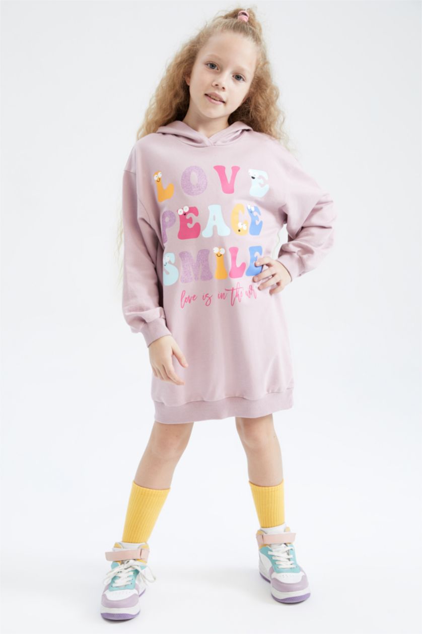 GIRLS & TEENS Pink Girl Printed Hooded Sweatshirt Dress