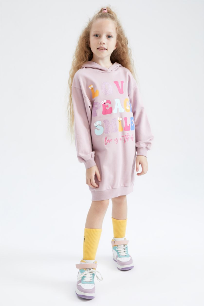 GIRLS & TEENS Pink Girl Printed Hooded Sweatshirt Dress