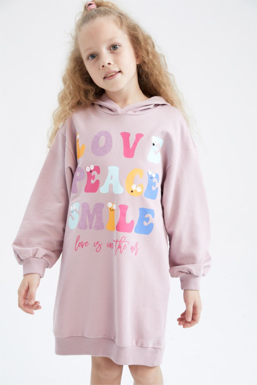 GIRLS & TEENS Pink Girl Printed Hooded Sweatshirt Dress