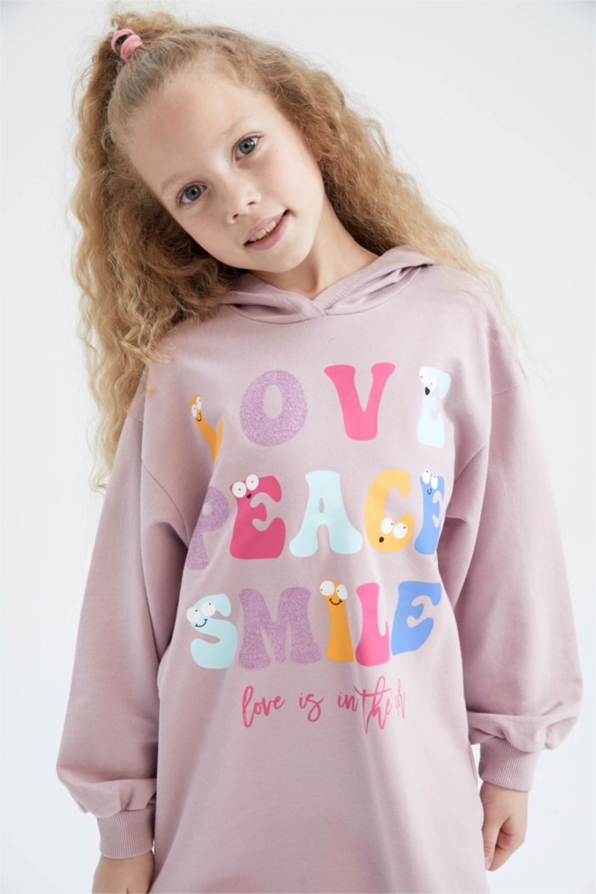 GIRLS & TEENS Pink Girl Printed Hooded Sweatshirt Dress